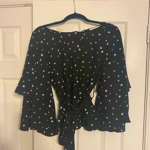 Black and white star top- bell sleeves & waist tie